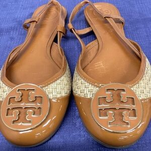 Tory Burch Randy Orange Raffia & Leather Medallion Flat Slingbacks Sz 8